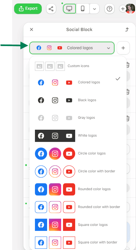 Example of styling options for the Social Block in Stripo