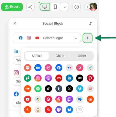 Example of types of social platforms and chats in Stripo