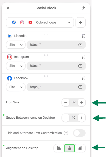 Example of the design settings for the &ldquo;Social Networks&rdquo; block in Stripo