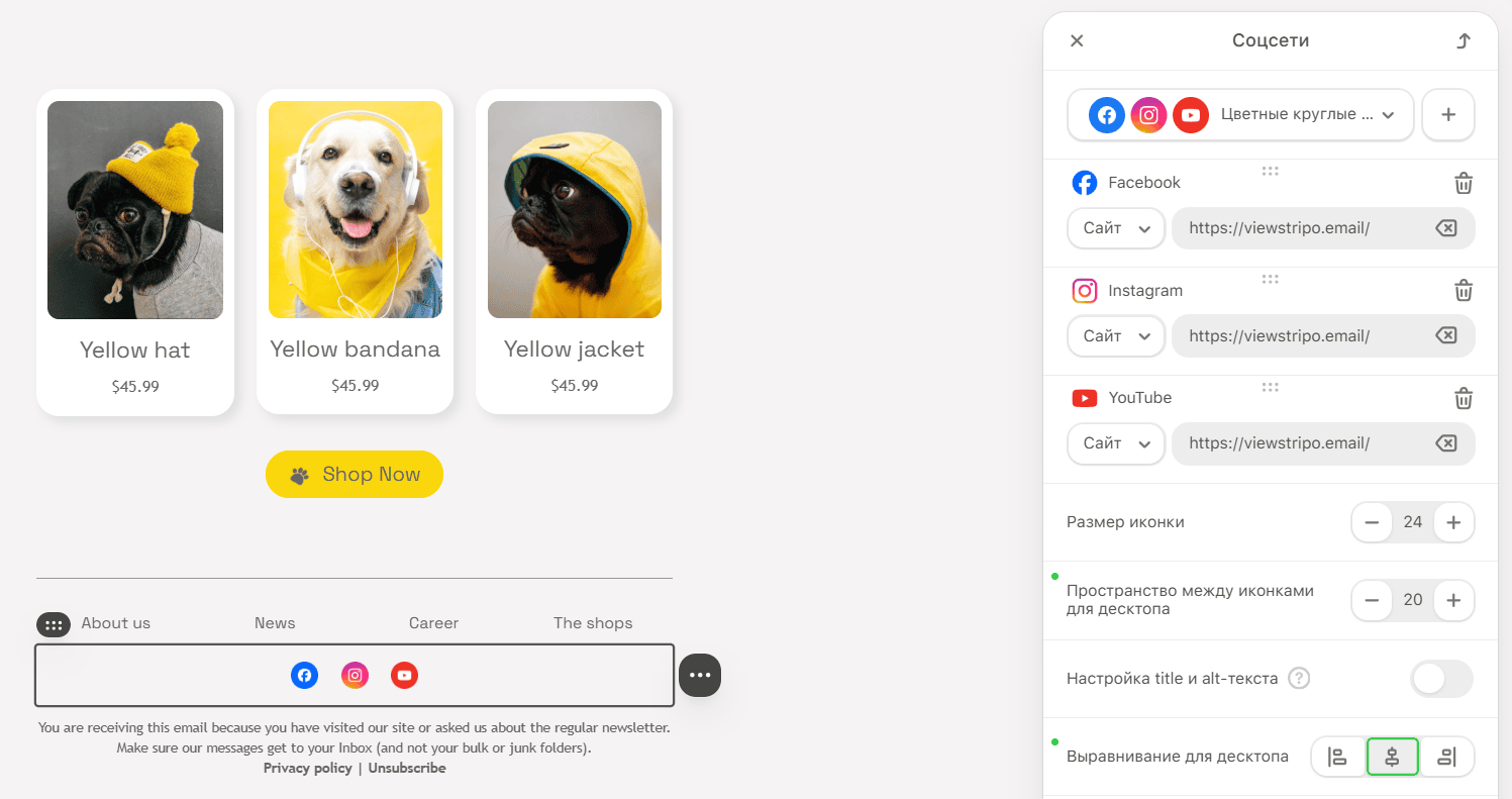 Пример настроек блока &laquo;Соцсети&raquo; в Stripo