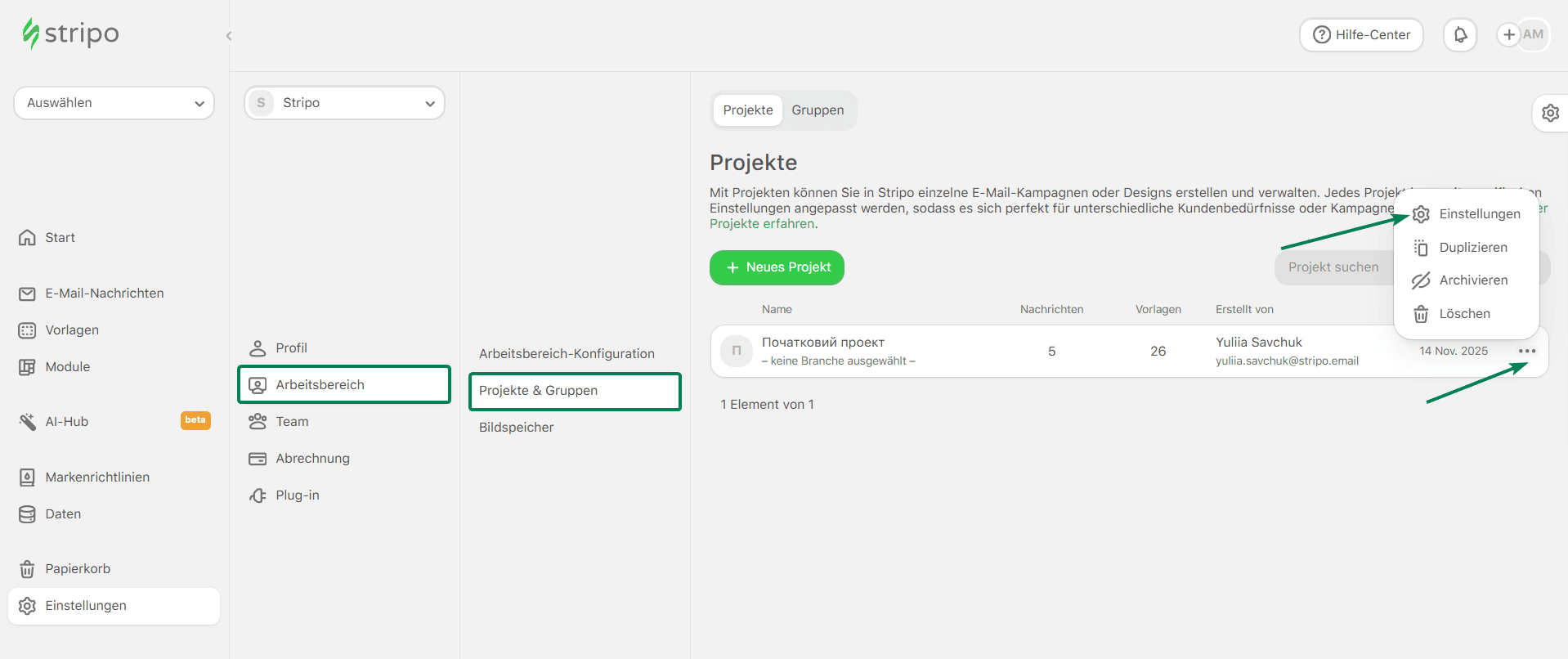 Beispiel für die Registerkarte „Projekte“ in Stripo Beispiel für die Registerkarte „Projekte“ in Stripo
