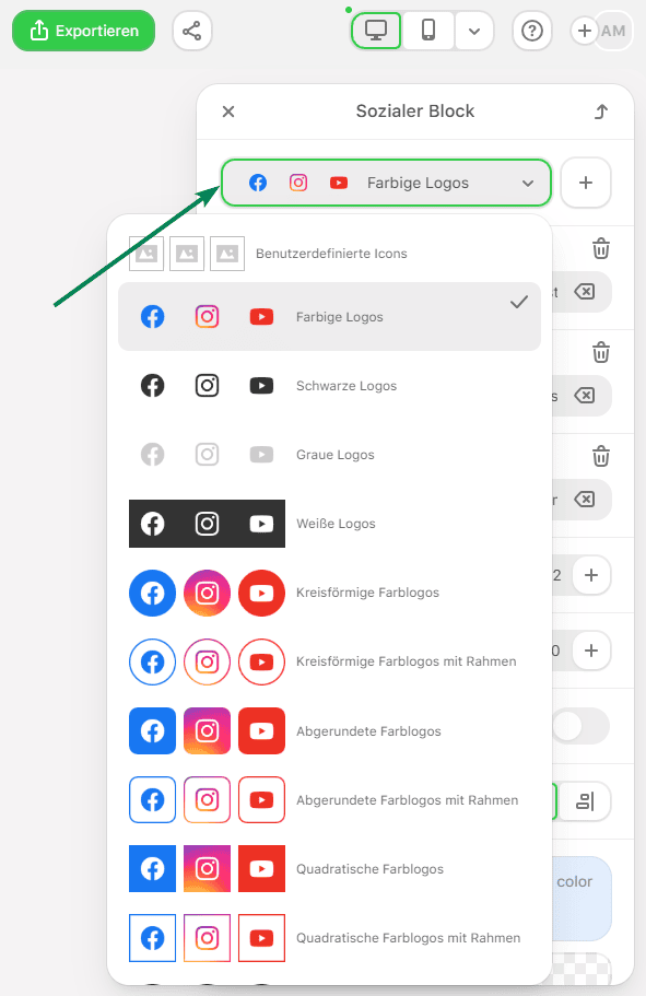 Beispiel für Gestaltungsoptionen für den Social-Block in Stripo Beispiel für Gestaltungsoptionen für den Social-Block in Stripo