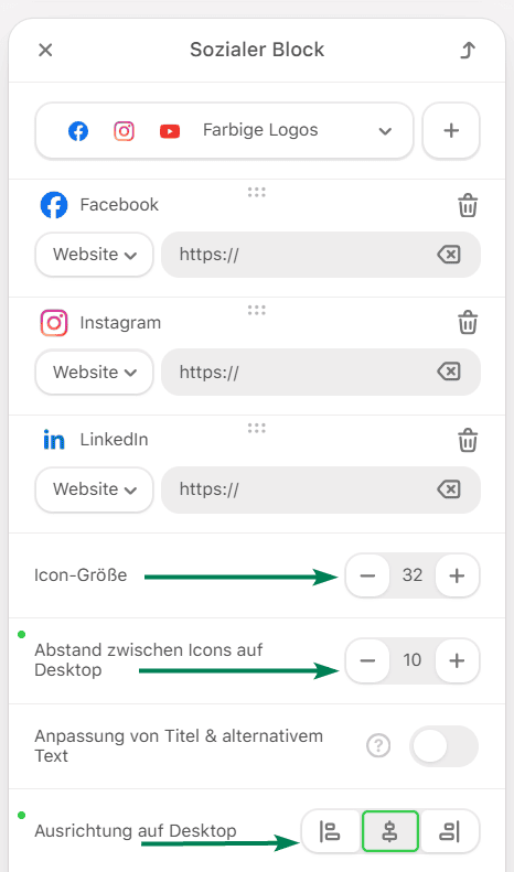 Beispiel für die Gestaltung der Einstellungen für den Block „Soziale Netzwerke“ in Stripo Beispiel für die Gestaltung der Einstellungen für den Block „Soziale Netzwerke“ in Stripo