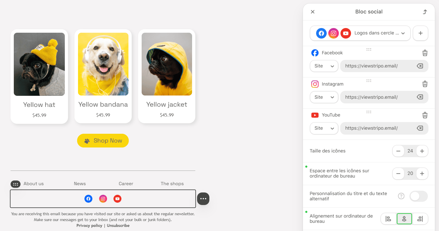Exemple de configuration du blocage &laquo;&nbsp;R&eacute;seaux sociaux&nbsp;&raquo; dans Stripo