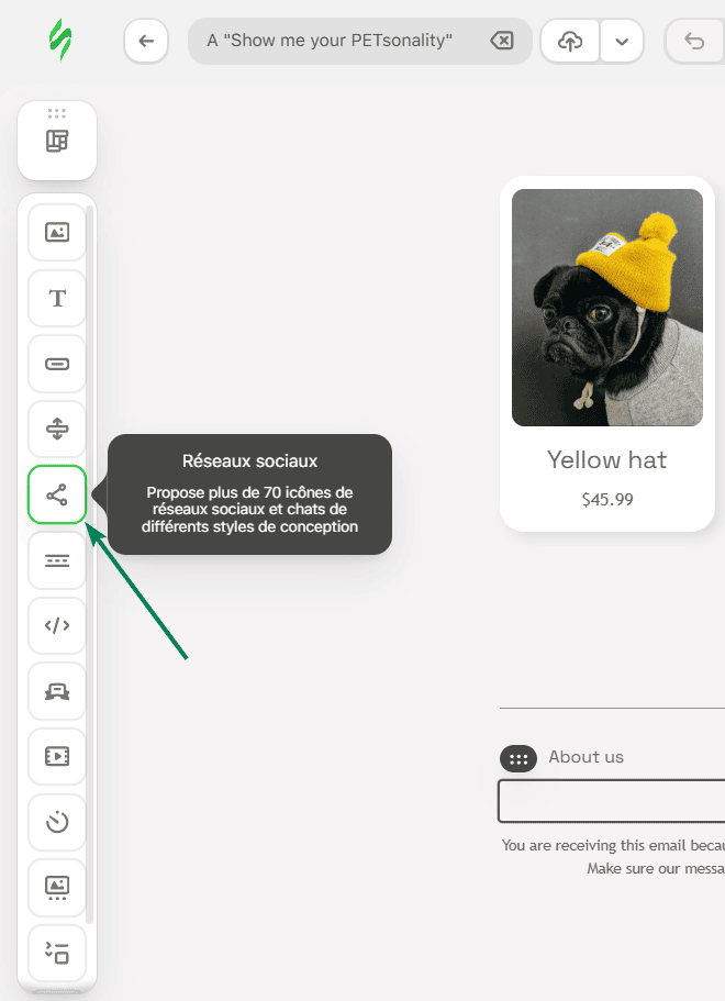 Exemple de bloc &laquo;&nbsp;R&eacute;seaux sociaux&nbsp;&raquo; dans Stripo