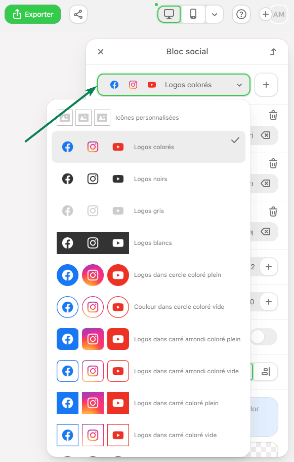 Exemple d&rsquo;options de style pour le bloc social dans Stripo