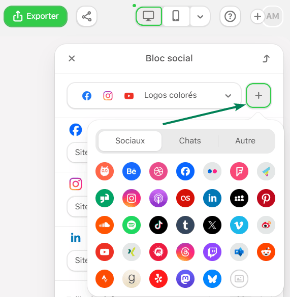 Exemple de types de plateformes sociales et de chats dans Stripo