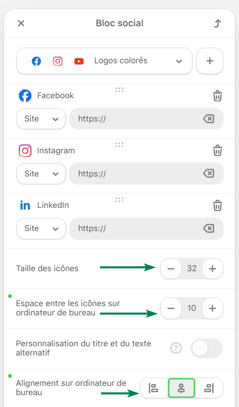 Exemple de configuration pour le bloc R&eacute;seaux sociaux dans Stripo