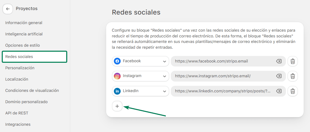 Ejemplo de la secci&oacute;n "Redes Sociales" en Stripo