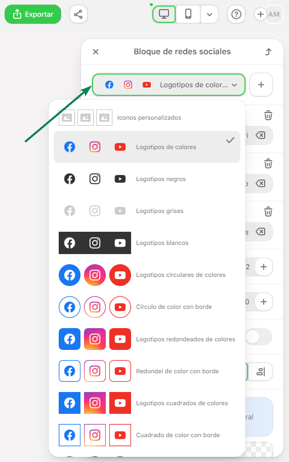 Ejemplo de opciones de estilo para Social Block en Stripo