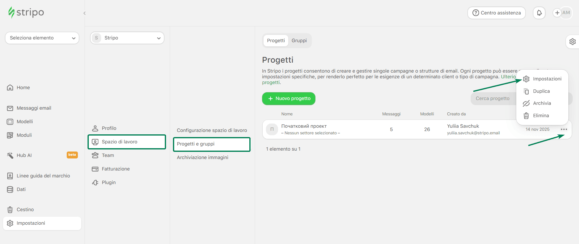 Esempio della scheda &ldquo;Progetti&rdquo; in Stripo