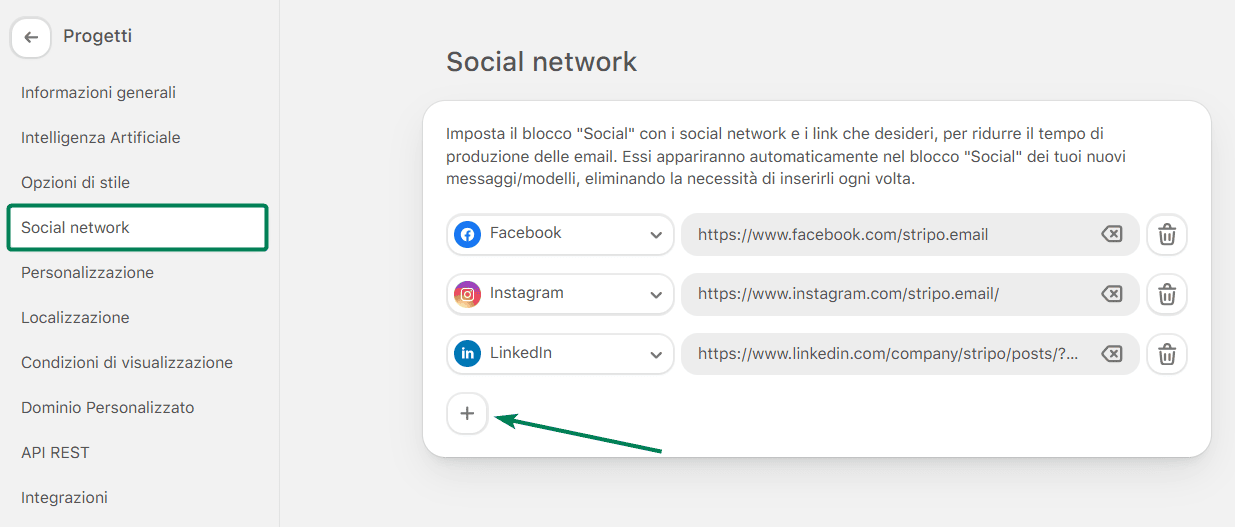 Esempio della sezione &ldquo;Social Network&rdquo; in Stripo