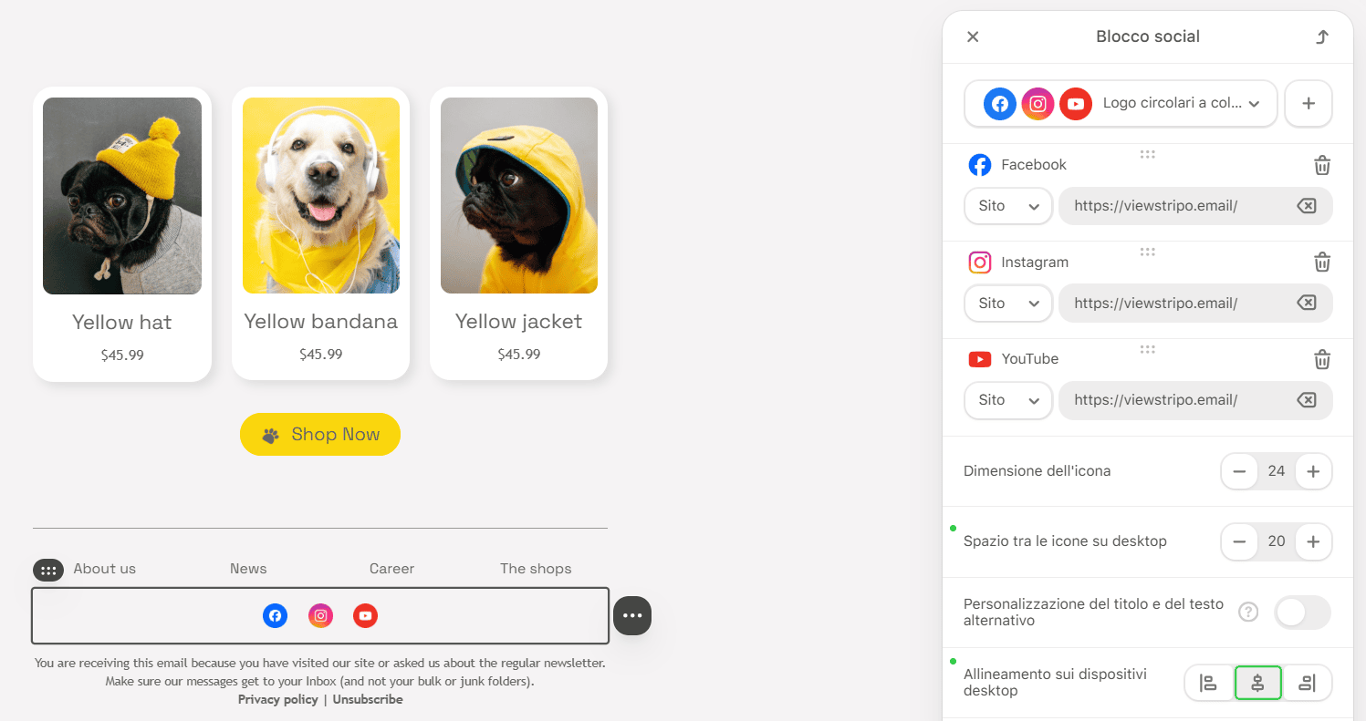 Esempio delle impostazioni del blocco &ldquo;Social Network&rdquo; in Stripo