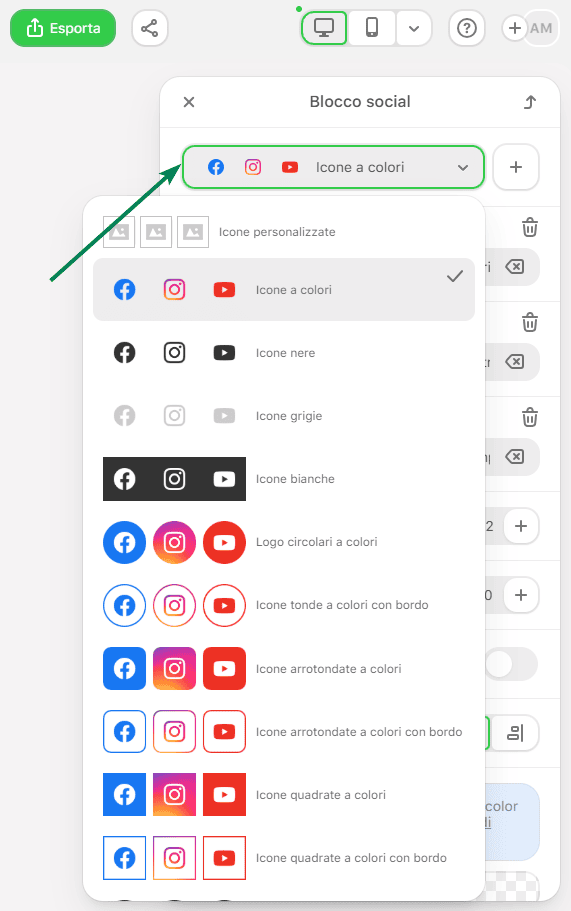 Esempio delle opzioni di stile per il blocco Social in Stripo