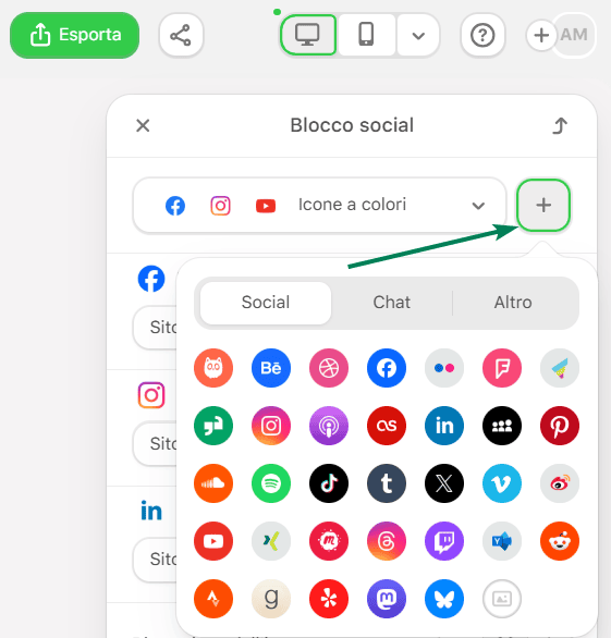 Esempio dei tipi di piattaforme social e chat in Stripo
