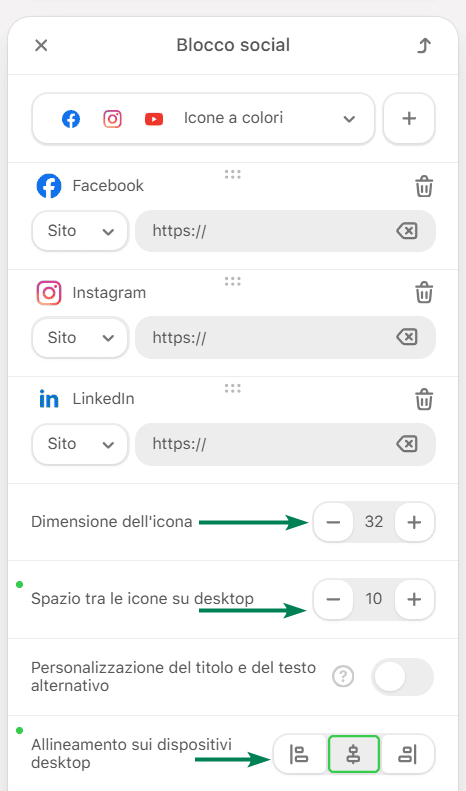 Esempio delle impostazioni di design per il blocco Social Network in Stripo