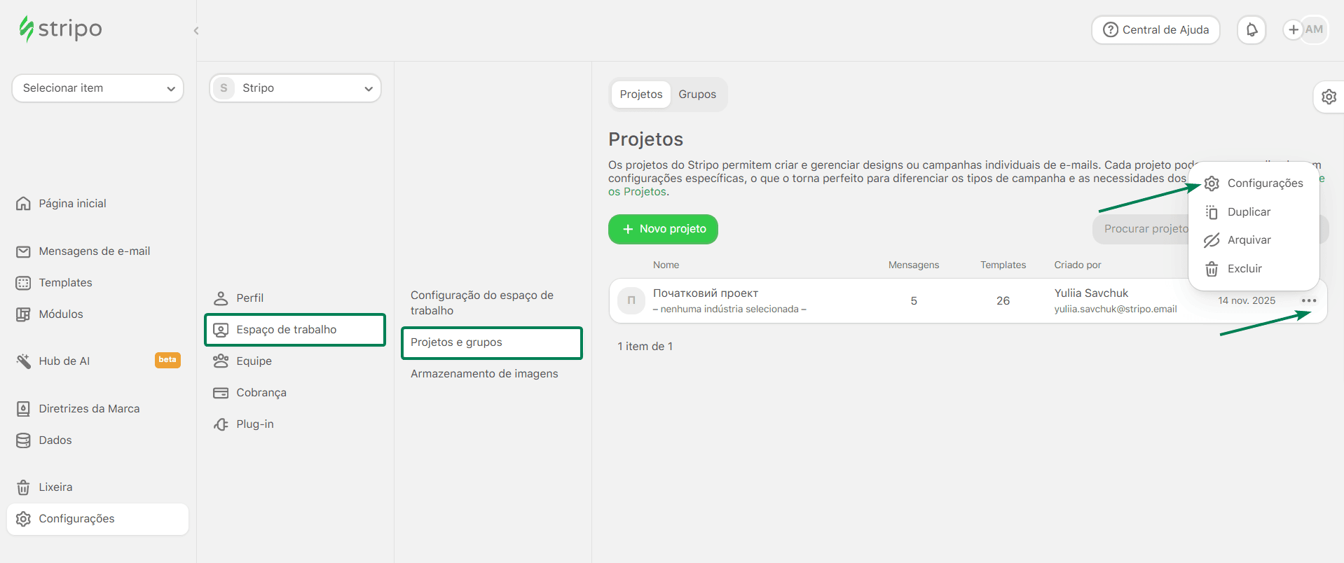 Exemplo da guia &ldquo;Projetos&rdquo; no Stripo