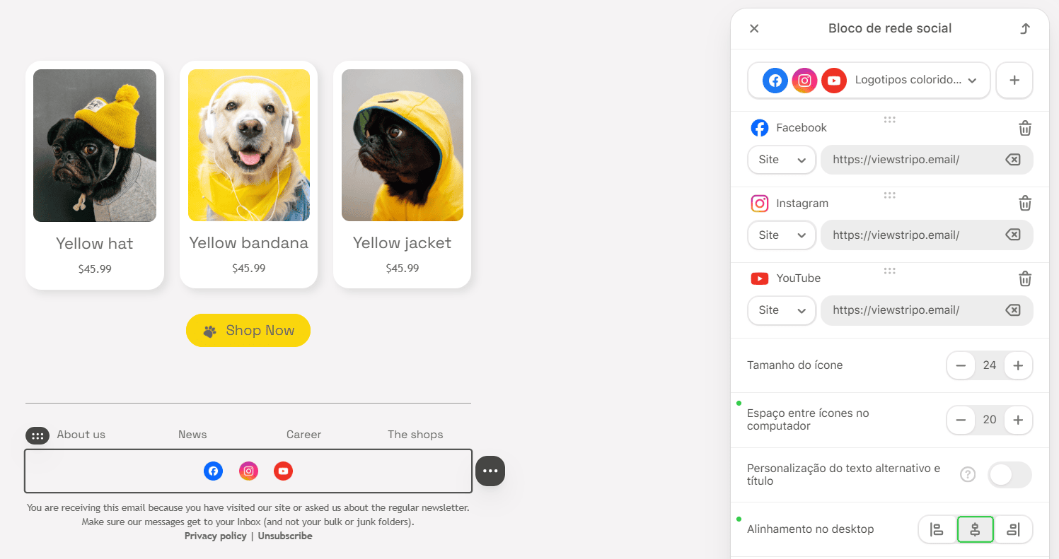 Exemplo de configura&ccedil;&otilde;es do bloco &ldquo;Redes sociais&rdquo; no Stripo