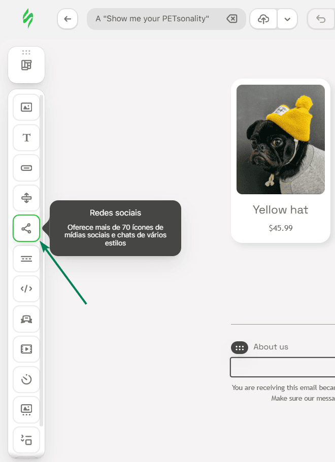 Exemplo do bloco &ldquo;Redes sociais&rdquo; no Stripo
