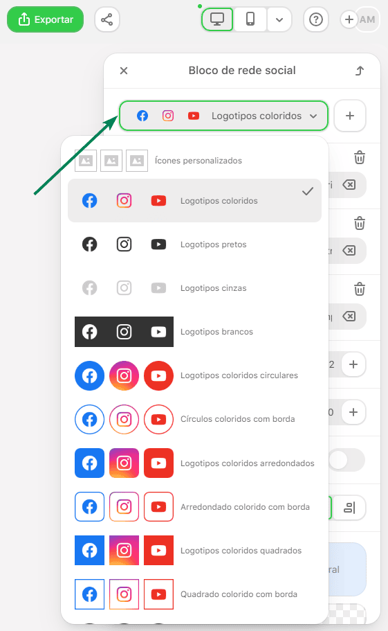 Exemplo de op&ccedil;&otilde;es de estilo para o Bloco Social no Stripo