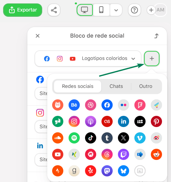 Exemplo de tipos de plataformas sociais e aplicativos de mensagens no Stripo