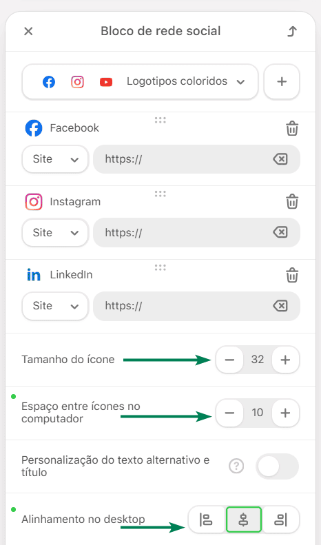 Exemplo de configura&ccedil;&otilde;es de design para o bloco de Redes Sociais no Stripo