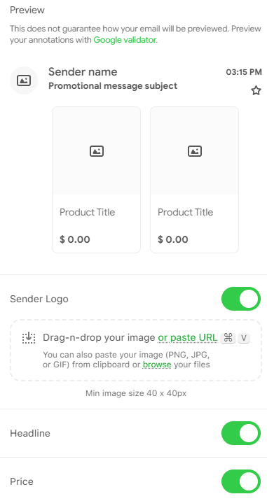 Product carousel enabled fields
