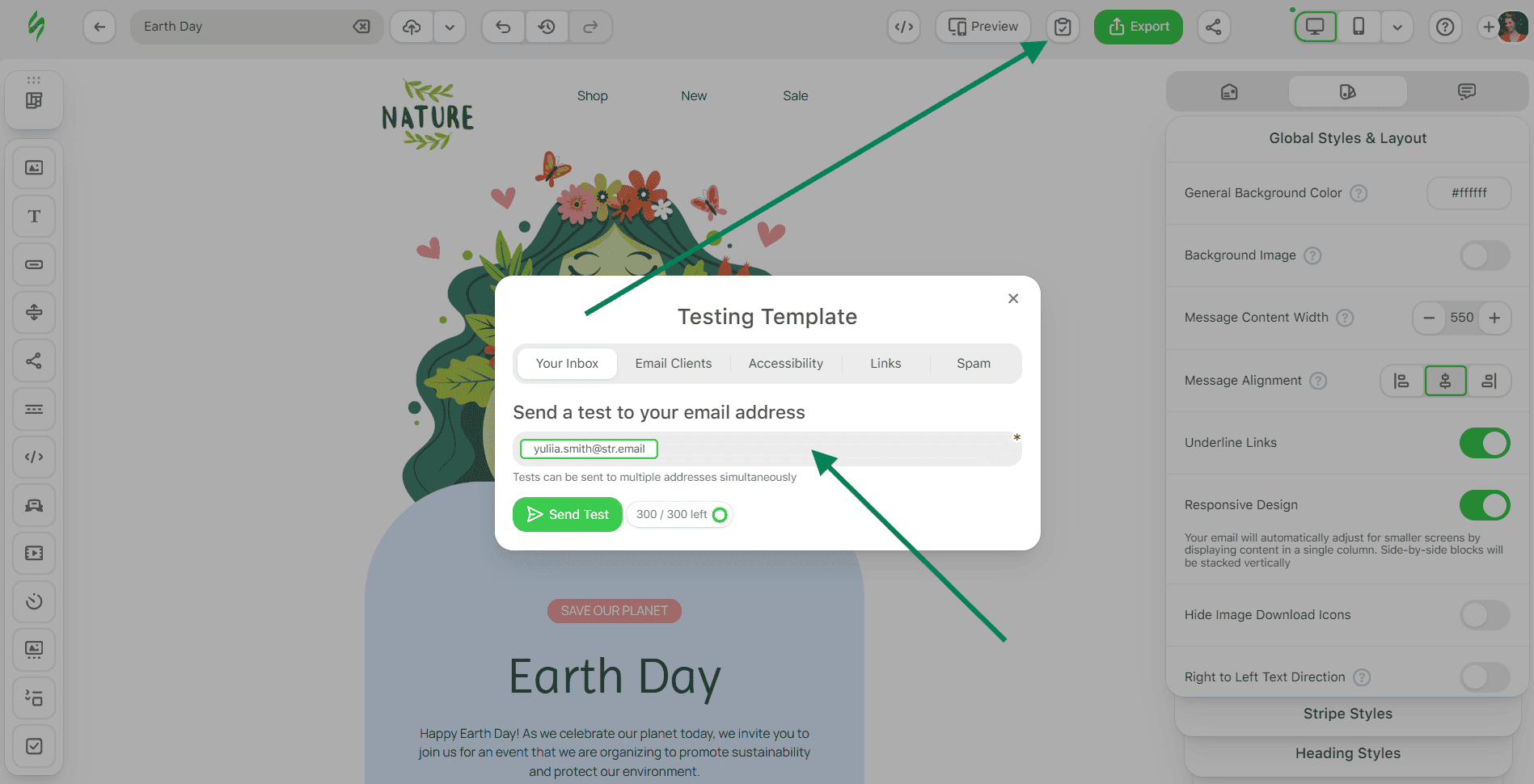 Example of a testing tool in the Stripo editor