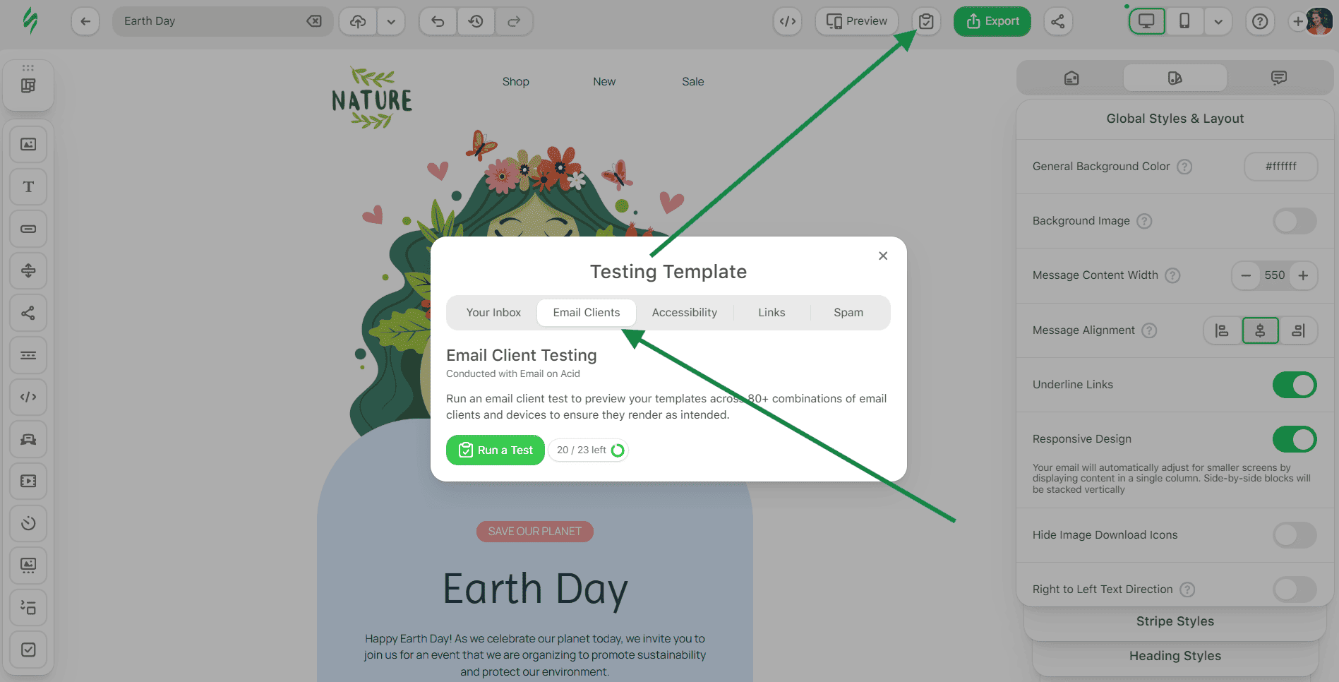 Example of email client testing in the Stripo editor
