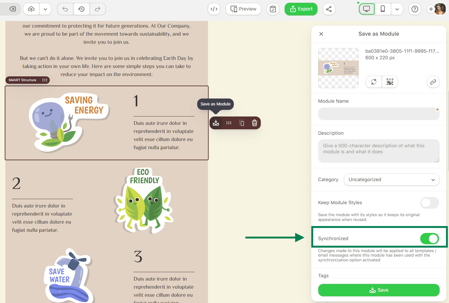 Example of the synchronized module in the Stripo editor