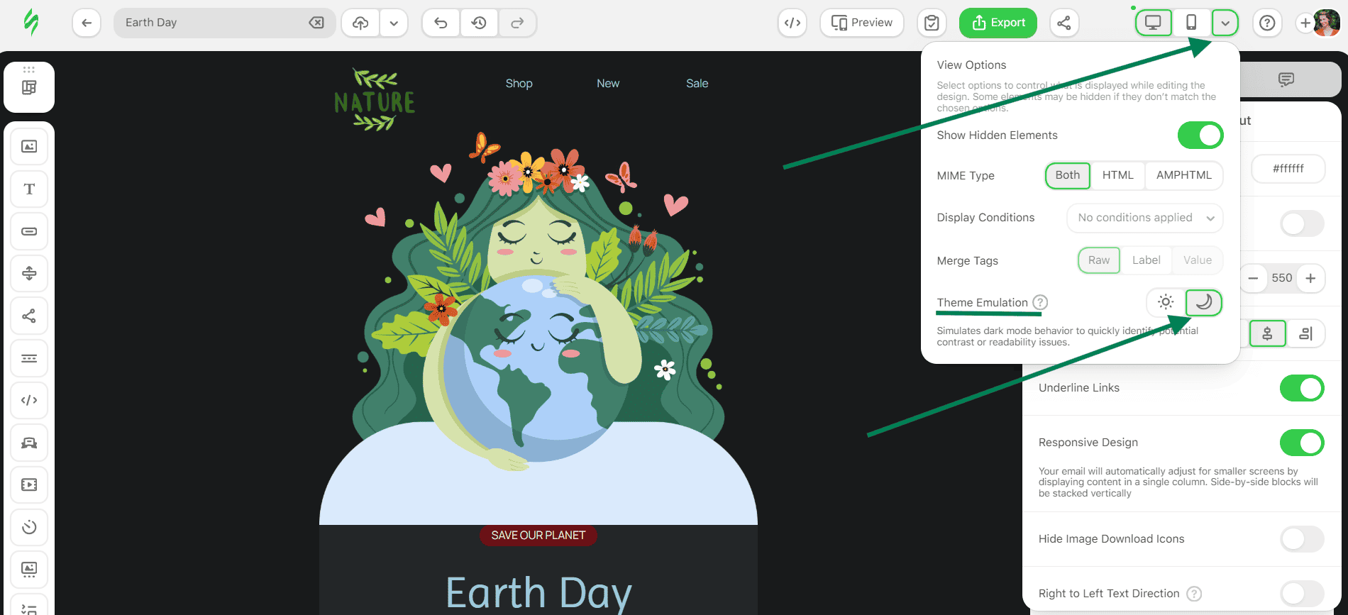 Example of dark mode preview in the Stripo editor