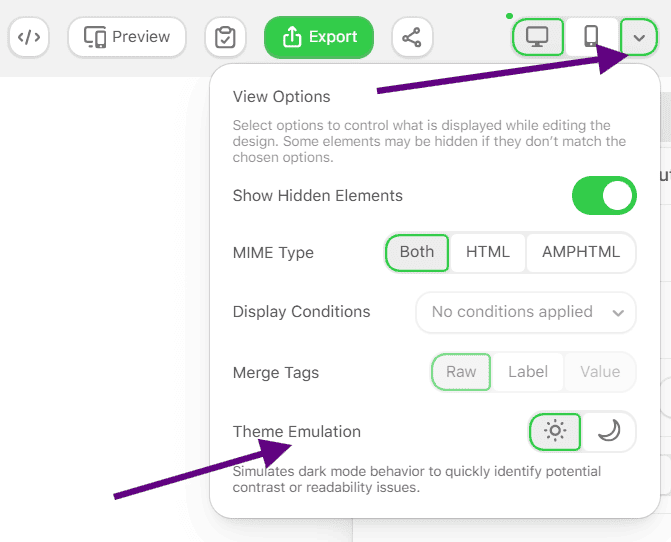 Example of Theme Emulation button in the Stripo editor