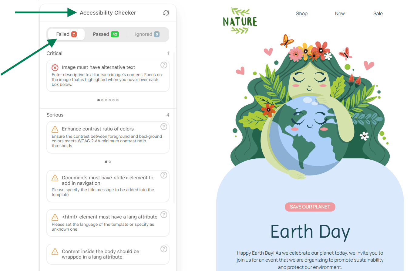 Example of Accessibility Checker results in the Stripo editor