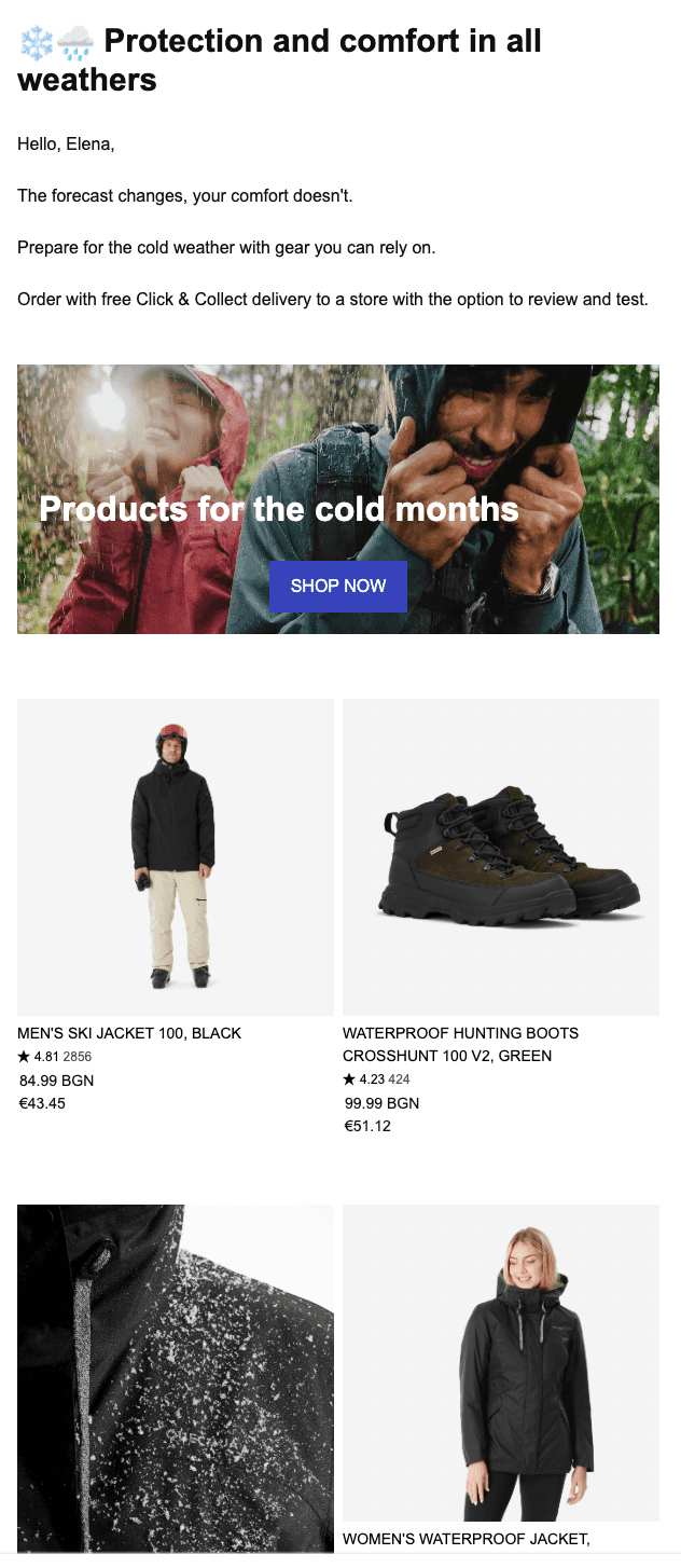 Example of weather-focused promo email campaign