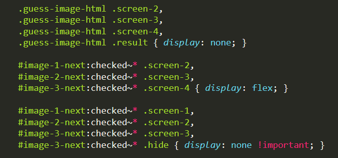 Style code for displaying various steps of the game