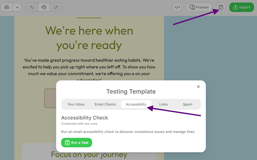 Example of an accessibility test in the Stripo editor Example of an accessibility test in the Stripo editor