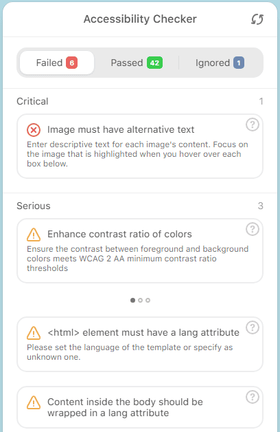 Example of accessibility checker results in the Stripo editor Example of accessibility checker results in the Stripo editor