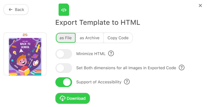 Example of HTML export in the Stripo editor Example of HTML export in the Stripo editor