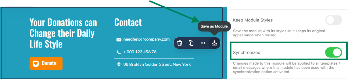 Example of saved synchronized modules in the Stripo editor