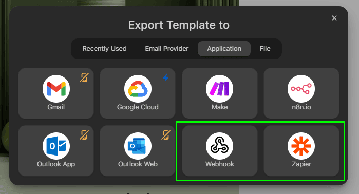 Opções de exportação via Webhook e Zapier Opções de exportação via Webhook e Zapier