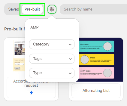 Pre-built tab search filters