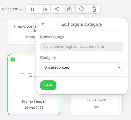Window for adding tags and categories to modules