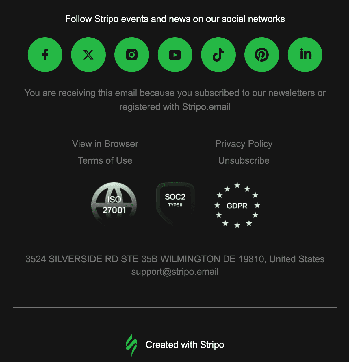 Email footer with social icons, contact details, and an unsubscribe link