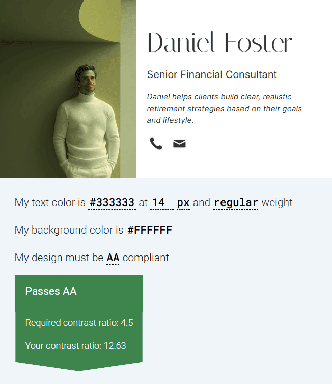 Example of sufficient color contrast in an email signature Example of sufficient color contrast in an email signature