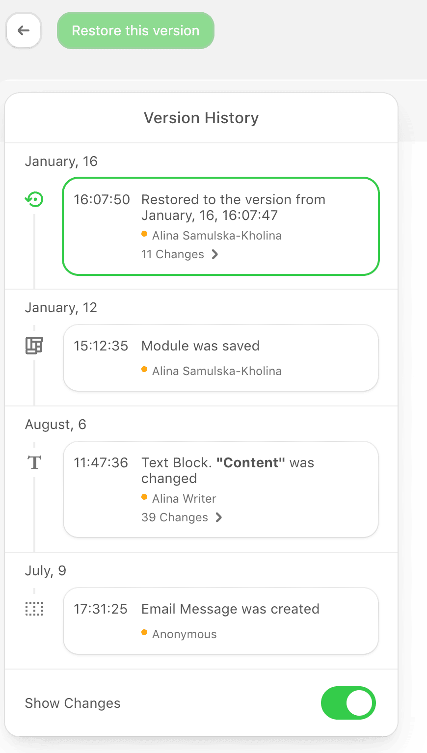Example of version history window with users’ names and number of changes Example of version history window with users’ names and number of changes