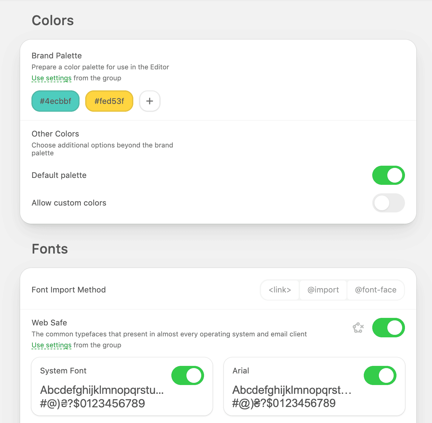 Brand color palette and font settings in Stripo Brand color palette and font settings in Stripo