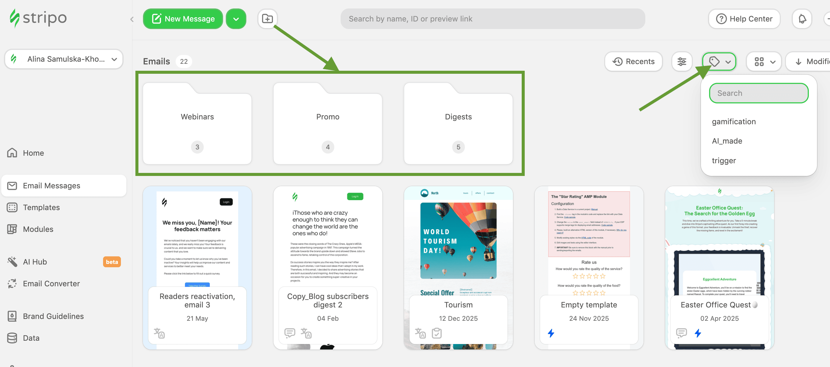 Email organization with folders and tags in Stripo Email organization with folders and tags in Stripo