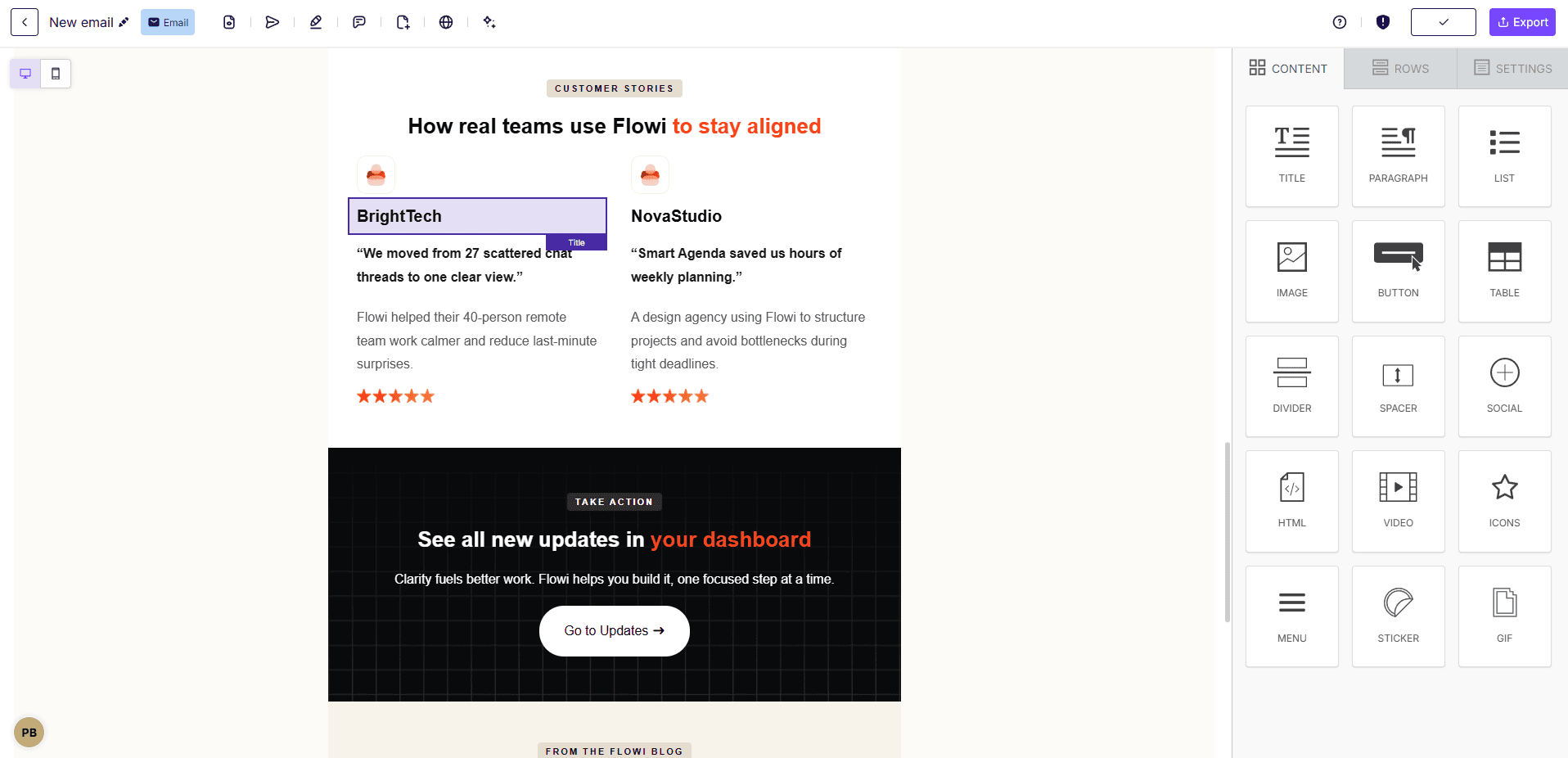 BeFree’s email builder interface BeFree’s email builder interface