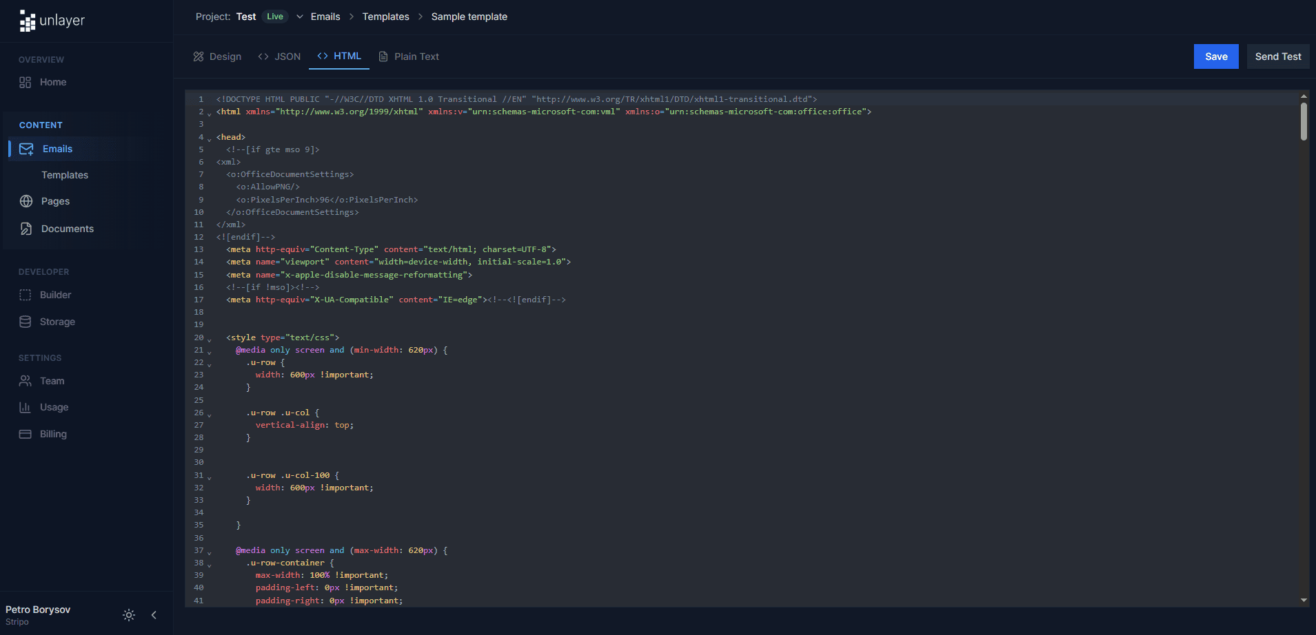 Unlayer’s code editing mode Unlayer’s code editing mode