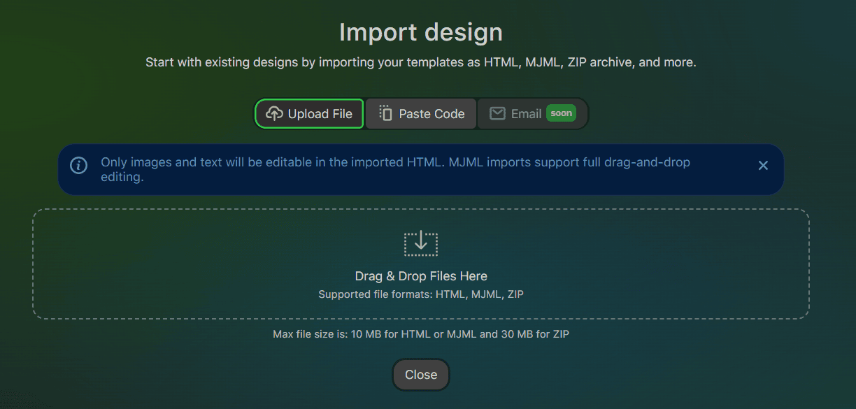 Importing template into Stripo